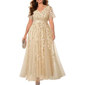 Pinup Fashion Plus Size Formal Dresses - Evening Gowns Wedding Sequin Embroidery V-Neck Prom Long Dress