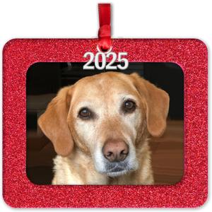 2025 Photo Ornaments for Christmas Tree, Christmas Picture Frame Ornament, Easy-Load Magnetic Frame with Ribbon, Charm & Photo Protector, Horizontal - Sparkly Red