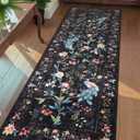 GarveeHome 2x6 Washable Runner Rug for Hallway, Soft Floral Peacock Kitchen Runner with Non Slip Backing Black Entryway Rug Laundry Mat Stain Resistant Carpet for Bathroom Beside Rug
