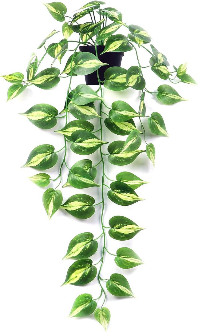 Fake Pothos Hanging Plants Artificial Ivy Vines with Pots - Realistic Indoor Greenery Decor, Low Maintenance Faux Home Decoration (1 PCS)