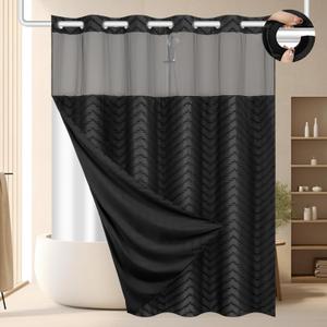 FADOTY No Hook Shower Curtain and Liner Set, Black Snap in Shower Curtain Ringless Chevron Tufted Cloth Waterproof Washable Fabric Bath Curtain with See Through Top Window for Bathroom Hotel 71" x 74"