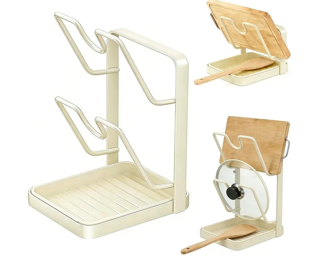 Pot Lid Holder,304 Stainless Steel Pot Lid Holder While Cooking,Kitchen Pot Lid Storage Rack, Removable Drip Tray, Multifunctional Kitchen Organizer Stand for Countertop (White, Double-layer)