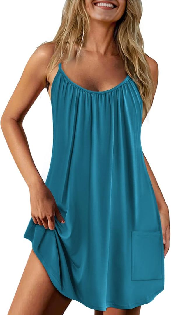 Ekouaer Nightgowns for Women Spaghetti Strap Sleepwear Sleeveless Sleep Dress with Pockets