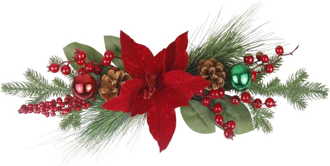 Artificial Christmas Swags for Front Door Xmas Door Swags Red Berries Pine Cones Poinsettia and Christmas Balls Swag Wreath for Outdoor Wall Lintel Mailbox Mantels Stair Hanging Decor