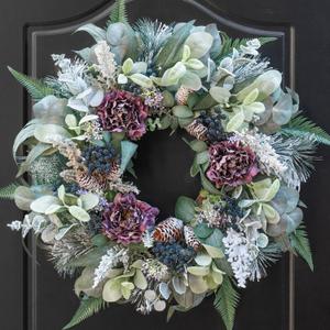 Winter Wreath for Front Door, 24 Inch Christmas Snow Covered Artificial Door Wreath with Purple Peonies, Green Leaves, Pine Cones and Berries, Winter Decor for Indoor or Outdoor