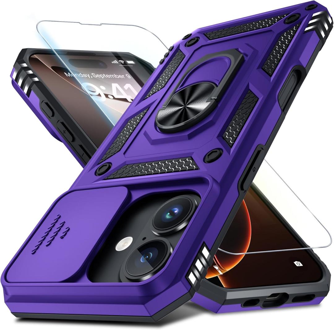 Janmitta Case for iPhone 13 Pro Phone Cover Built in Slide Camera Lens Cover+Screen Protector,Heavy Duty Shockproof Full Body PhoneCase with Finger Ring Holder Kickstand,Purple