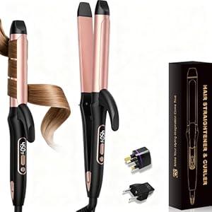 Dual Voltage Curling Iron Travel 2 in 1 Curl and Straightener (110V-240V) 1.25 Inch Normal Size Hair Curle Ceramic with EU/ UK Plug Adapter Curling Wand Adjustable Temperature Anti-Tangle (Blackpink)