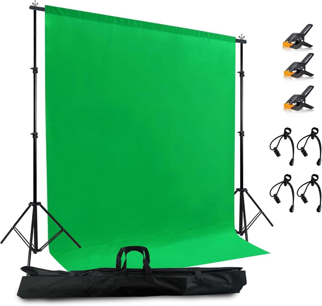 2 in 1 Green Backdrop Stand Kit, 6.5x6.5 ft Portable Dual Rod Stand kit with 6x7ft Green Backdrop-Premium Polyester for Video Streaming, Portrait Photoshoot, Wall Mounted, Parties