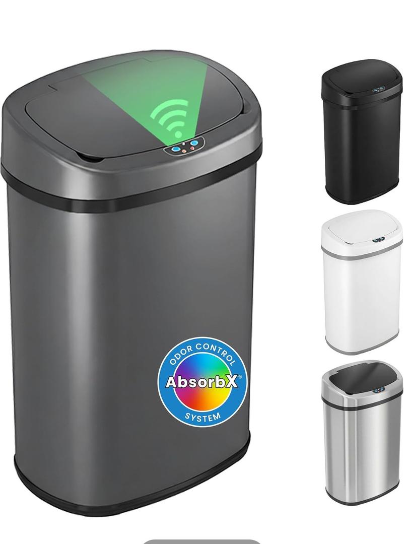 iTouchless 13 Gallon Oval Smart Bin with Odor Filter, 50L Touchless Stainless Steel Kitchen Trash Can, Automatic Motion Lid, Fingerprint-Proof, Executive Dark Metallic Finish, Gunmetal Gray