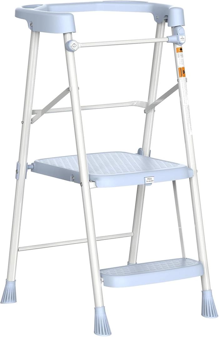 HBTower Kids 2 Steps Step Stool,Toddler Tower for Kitchen Counter Learning,Toddler Kitchen Stool Helper with Anti-Drop Safty Railing Kids Standing Folding Stepper(Blue)