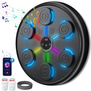Music Boxing Machine for Adults & Kids - Wall Mounted Punching Machine with LED & Bluetooth, Smart Boxing Trainer for Home Gym, Reflex Speed Training & Stress Relief (Black - Gloves & Sweatband)