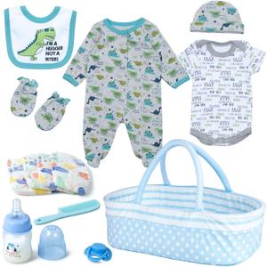 13 Pcs Reborn Baby Doll Clothes Dinosaur for 17-22 Inch Reborn Dolls Accessories Bodysuits +Bassinet+ Diaper Newborn Baby Doll Clothes Boy