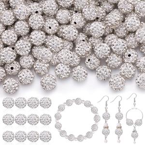 120pcs 10mm Rhinestone Beads for Jewelry Making, White Shiny Round Shamballa Disco Ball Beads Bulk, Sparkle Crystal Clay Christmas for Bracelet Baseball Necklace Earring Crafting and DIY