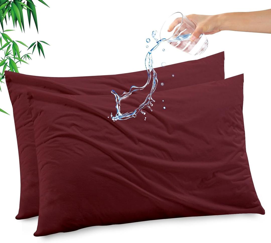 Gogreen Bamboo Rayon Waterproof Pillow Protector, Breathable Pillow Cover, Cooling Pillow Case Protector with Zipper, Super Soft Pillow Case Cover with Zipper (2 Packs, Queen 20"x30", Burgundy) (15 - Burgundy Red)