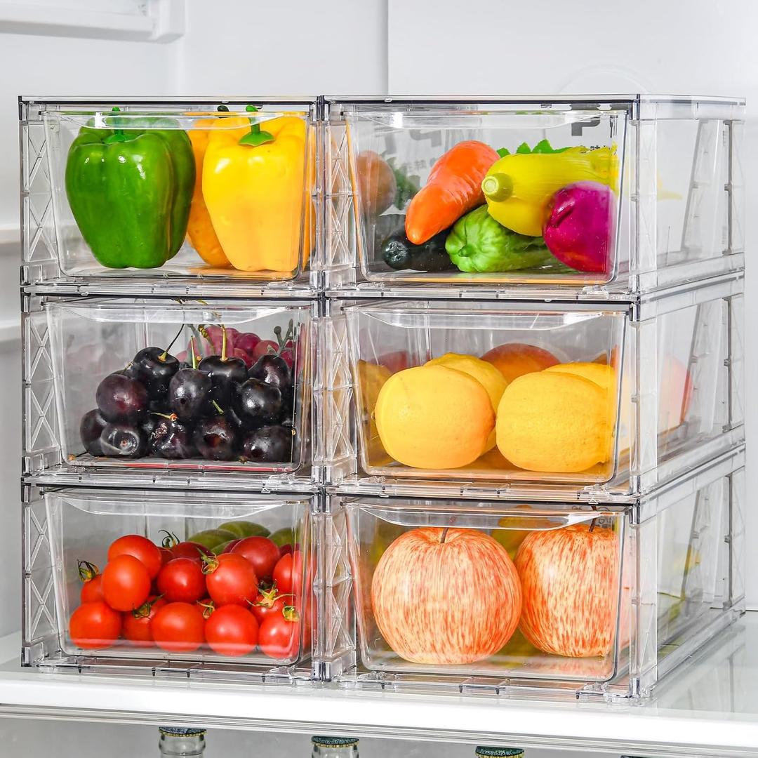 6Pack Clear Stackable Kitchen Storage Organizer,Foods Organizer Bins with Handles, Easily Assemble for Bathroom, Kitchen, Refrigerator, Pantry, Cabinet, Closet (Medium)