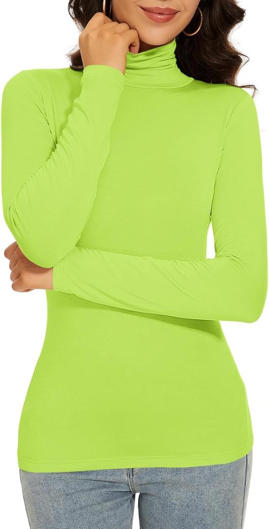 Lime Green Turtleneck Women Thermal Shirts Long Sleeve Underscrubs Tops Warm Basic Layer Winter Fall (Neon Green S)