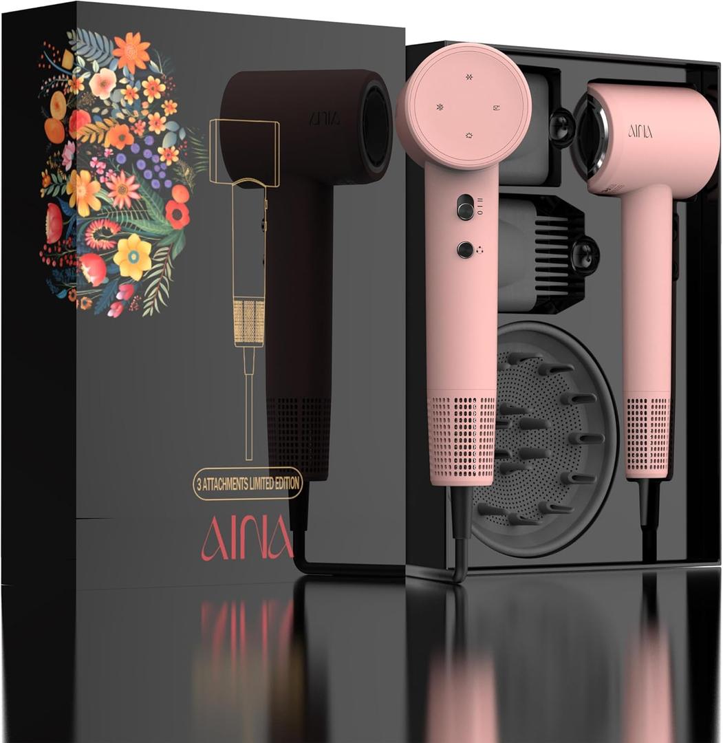 AINA Hair Dryer,Blow Dryer with Diffuser Brush Comb for Women - BLDC Hair Dryer - Brushless Motor, 110,000 RPM Lightweight,Ionic Travel, 3 Magnetic Attachments 110V/ALCI(Baby Pink)