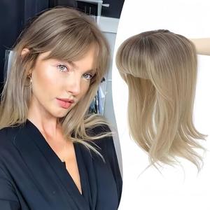 Ms Taj 18 Inch Hair Topper with Clip in Bangs, Synthetic Fluffy 4"x5" Layered Straight Toppers for Women, 360° 3D Cover Bangs Hairpiece for Thinning Hair(Ombre Brown Blonde)
