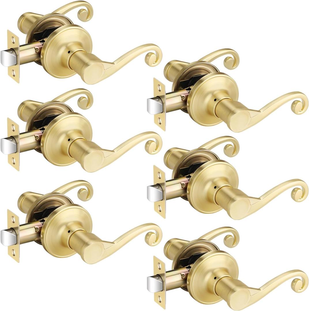 6 Pack Gold Door Handles, Wave Style Door Lever PassageDoor Handle, Keyless Interior Lever for Hallway and Closet, Satin Brass Finish