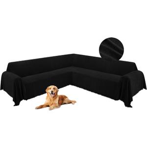 HDCAXKJ Corner Sectional Couch Covers for Dogs L Shape Sofa Cover with Tassel Chenille Super Soft Non Slip U Shaped Couch Cover Blanket Washable Sectional Slipcover Protector (Black, 71x212 inch)
