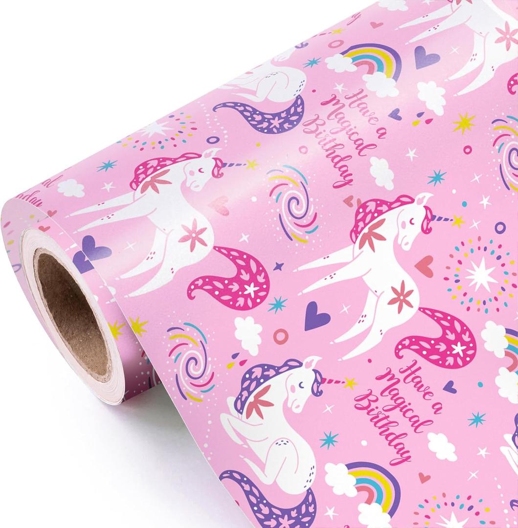 WRAPAHOLIC 30 Inch Jumbo Pink Unicorn Birthday Wrapping Paper Roll - 30 Inch x 33 Feet - Perfect for Girls Birthday, Baby Shower, Party, Holiday