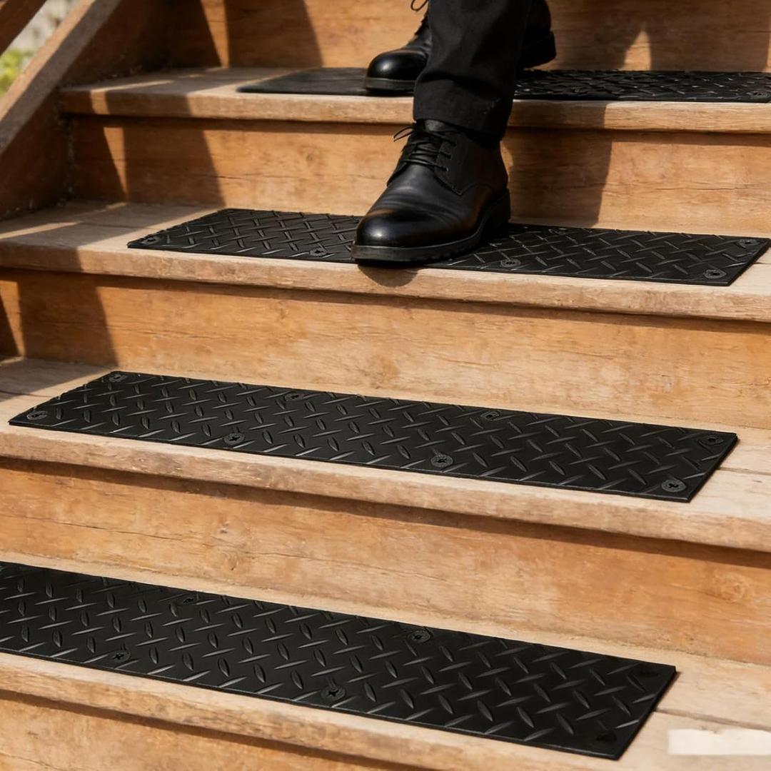 4 Pack Rubber Outdoor Stair Treads for Wooden Steps 30” x 5” Anti-Slip Step Mat Screw Down Waterproof Non Slip Stair Grips Strips for Stairs Garage Patio Dogs Walkways Rainy and Snowy Days