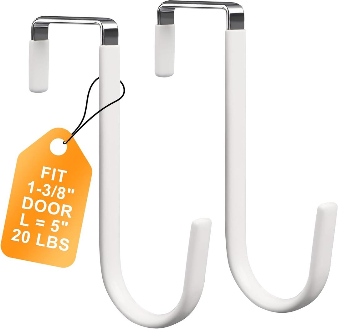 Over The Door Hooks 2 Pack  Heavy Duty Door Hanger Hooks for Hanging Towels, Bags, Robes, Clothes  No Drilling Over Door Hook, Dorm Essentials, Towel Racks for Bathroom, Bedroom, Closet