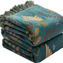 Boho Throw Blanket for Bed Couch 100% Cotton Woven Bed Throws for All Season Lightweight and Soft Cozy Farmhouse Reversible Muslin Decorative Blanket for Travel Picnic, Teal/Cream, 60''x80'' (Animal Spring Bird)