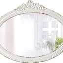 Rustic Oval Mirrors for Wall 18 X 24 Inch, Hanging Distressed White Oval Mirror Bathroom, Wooden Framed Farmhouse Mirrors for Wall Decor, Vintage Mirror with Carved Flower for Entryway