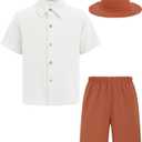 Arshiner Boys Cotton Linen Shorts Sets Button Down Short Sleeve Shirt and Shorts with Bucket Hat Summer Beach Outfits (White)