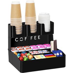 Lifewit 2-tier Coffee Station Organizer Caddy for Countertop, 10 Compartments Coffee Bar Organizers for Cups, Pods, Sugar, Compact Condiment Holders Storage for Office Breakroom Kitchen Home Black