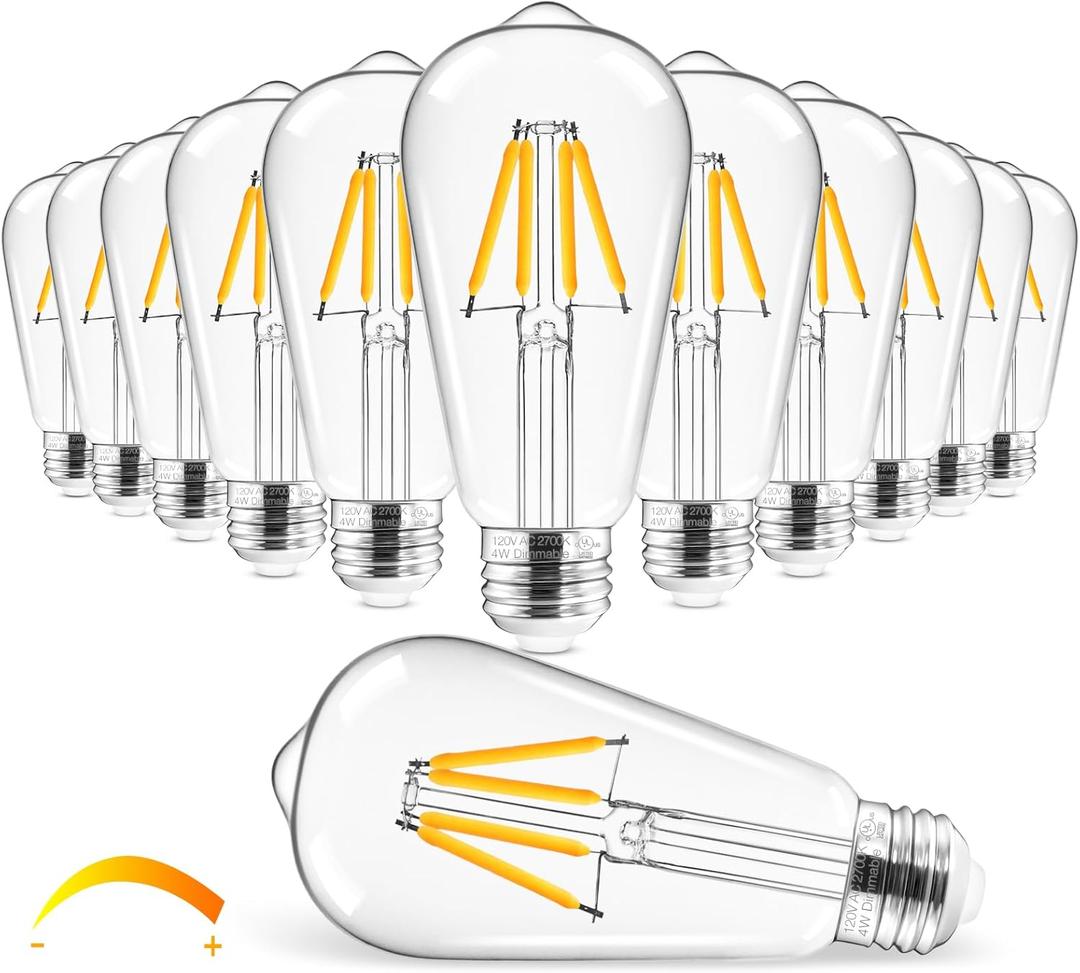 Hizashi Edison Bulbs 40 Watt LED Dimmable, E26 LED Bulb 2700K Warm White, ST58/ST19 Vintage Light Bulbs, UL Listed, 4W 450lm 95+CRI E26 Base, Clear Glass, Pack of 12