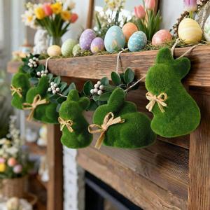 8.2ft Moss Green Easter Bunny Garland with Bow Farmhouse Rustic Spring Decor Flocked Easter Hanging Banner for Mantel Fireplace Wall Home Office Decoration