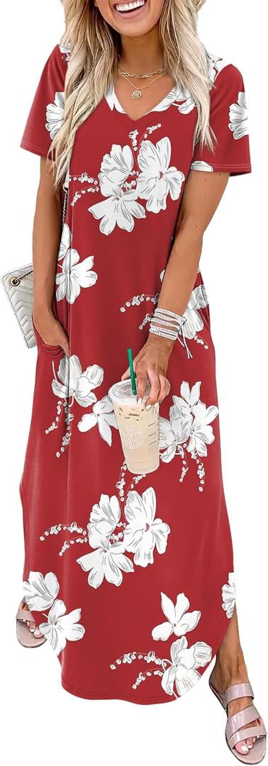 WIHOLL Women's Summer Short Sleeve Dresses Maxi Dress Vacation Beach Sundresses 2026 with Pockets (Red, XL)