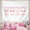 LIANGW Pink Coquette Bow Christian Tapestry, Inspirational Christian Tapestry for Women, Indoor Outdoor Wall Art Tapestries for Bedroom, Girl pink Room Decoration Living Room Bedroom 50x60 inches