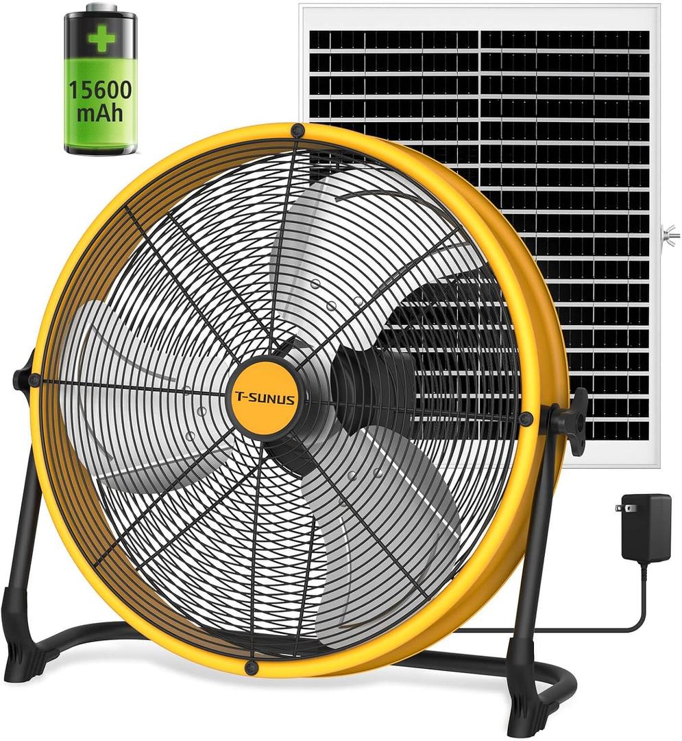 T-SUNUS 16" Solar Powered Fan with 25W Panel & 15600mAh Battery Operated Camping Floor Fan 2500 CFM, Quiet High Velocity Outdoor for RV, Garage, Greenhouse, Patio, Tent, Emergency Power Outage Cooling