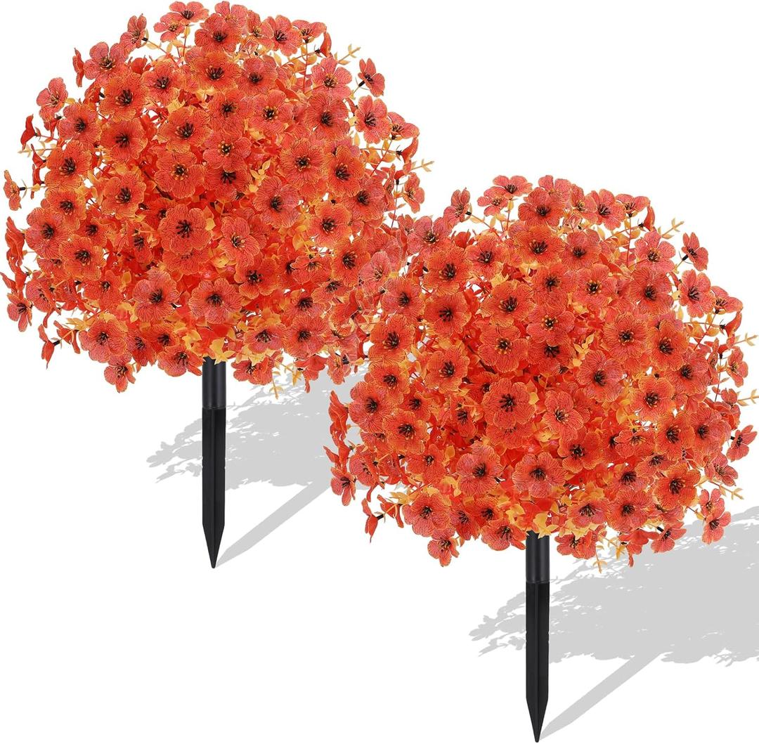 Geegoods Set of 2 Artificial Topiary Ball Tree with Flower for Outdoor, Fall Fake Shrubs Bushes with Ground Spikes, UV Resistant Faux Boxwoods Plants for Garden Porch Patio Decor