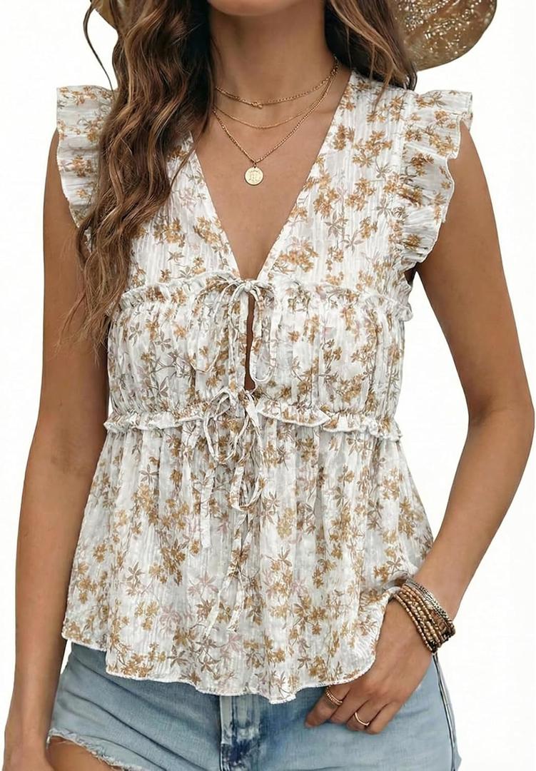 Acelitt Womens V Neck Ruffle Cap Sleeve Tie Front Tops,S-XXL (Large, Khaki)