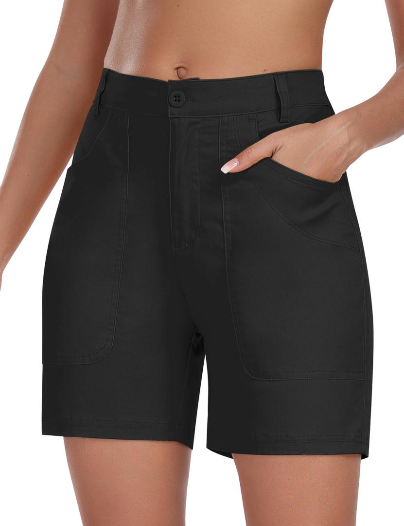 MoFiz Women's Cotton Bermuda Cargo Shorts 5" Casual Summer Elastic Waist Trouser Shorts with Pockets, S