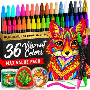 ARTISTRO 36 Precision Dual-Tip Acrylic Paint Markers Paint Pens Set with Dot & Fine Tips for Fabric, Rock, Glass, Wood, Coloring Books Classroom & Art Supplies Gift Teacher Appreciation Gift
