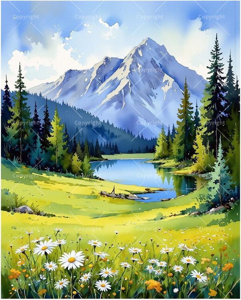 Nature Landscape Paint by Numbers Kit for Adults - DIY Daisy Meadow and Mountain Lake Painting on Canvas 16x20 Inches, Acrylic Paint Set, Suitable for Beginners, Art for Home Decoration or Gifts