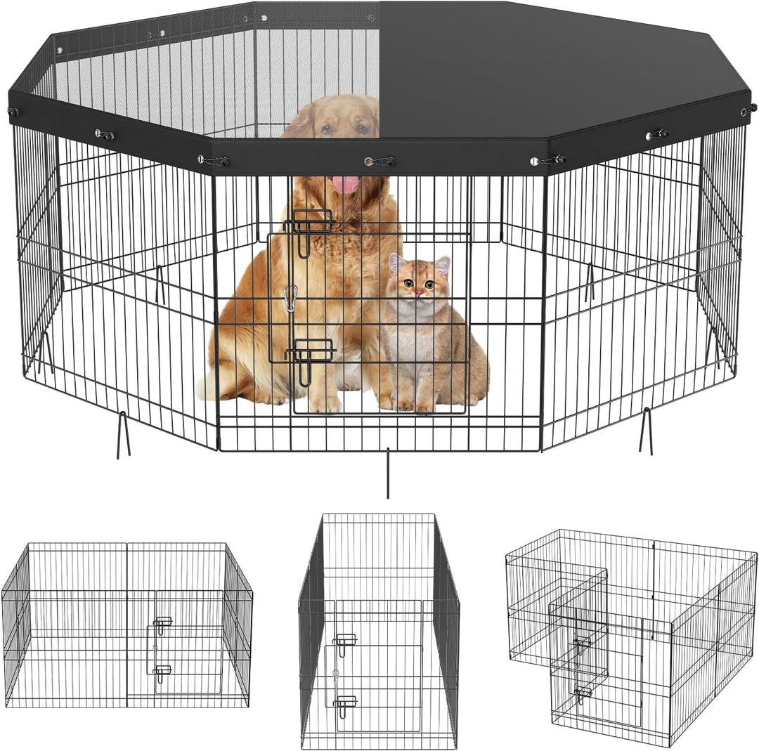VEVOR Foldable Metal Dog Exercise Pen, Pet Puppy Playpen Yard Fence with Top Cover & Door, Indoor Outdoor 8 Panels 24" W x 24" H Dogs Crate Kennel with Ground Stakes for Small & Medium Dogs