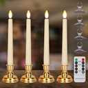 Flameless Taper Candles Flickering with Remote Timer, 4PCS Battery Operated Window Candles with Gold Candlesticks and Suction Cups, 8 Inch Warm White 3D Flame Candle for Home Xmas Decor(Ivory)