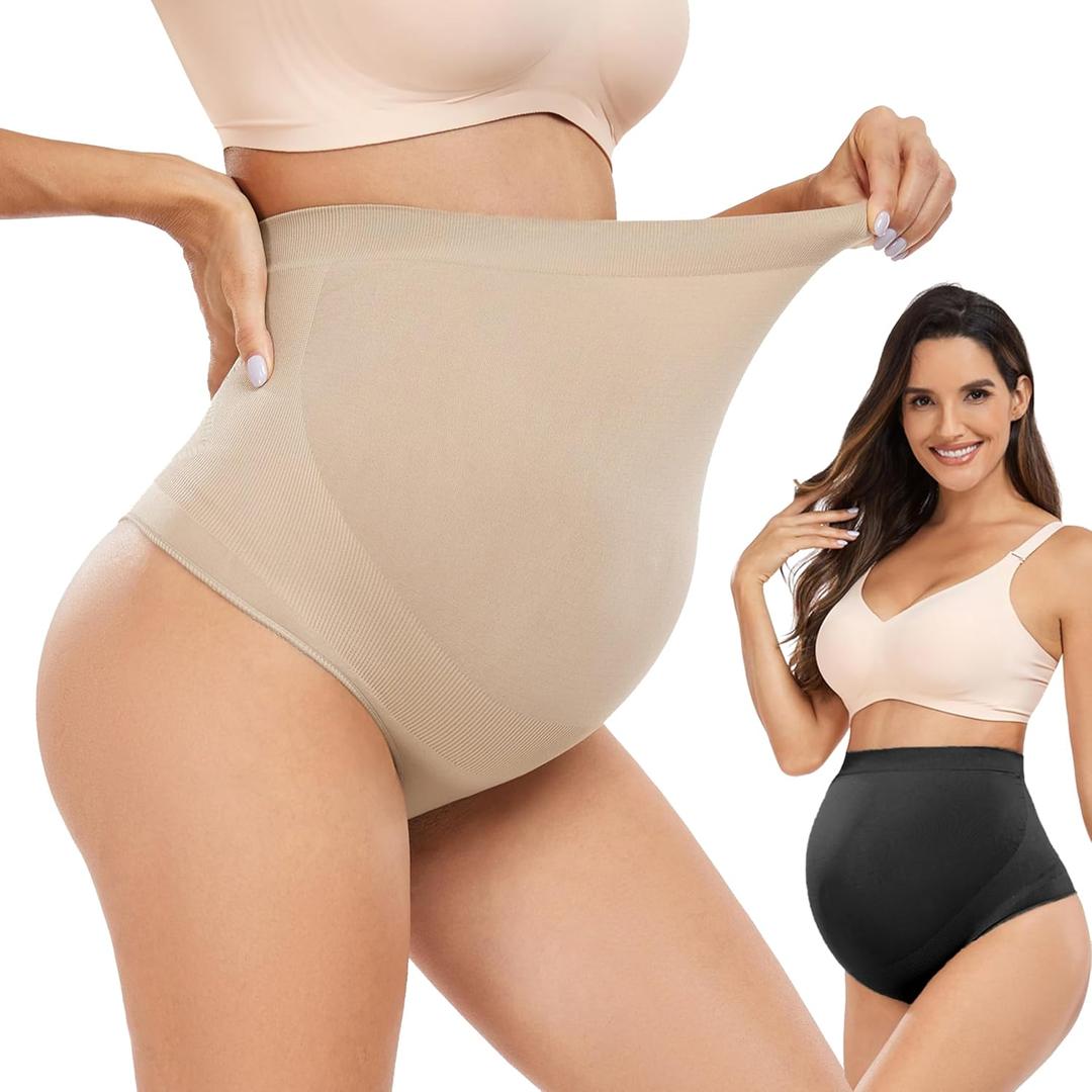 Hailycoco Seamless Maternity Shapewear, Maternity Thong High Waist Underwear Panties for Pregnancy with Belly Support (Brown, M)