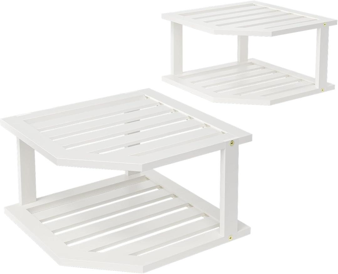 VERTORGAN Bamboo Corner Shelf(2 Pack),2 Tier Plate Organizer for Cabinet and Countertop,Pantry Dish and Spice Rack for Kitchen(White)