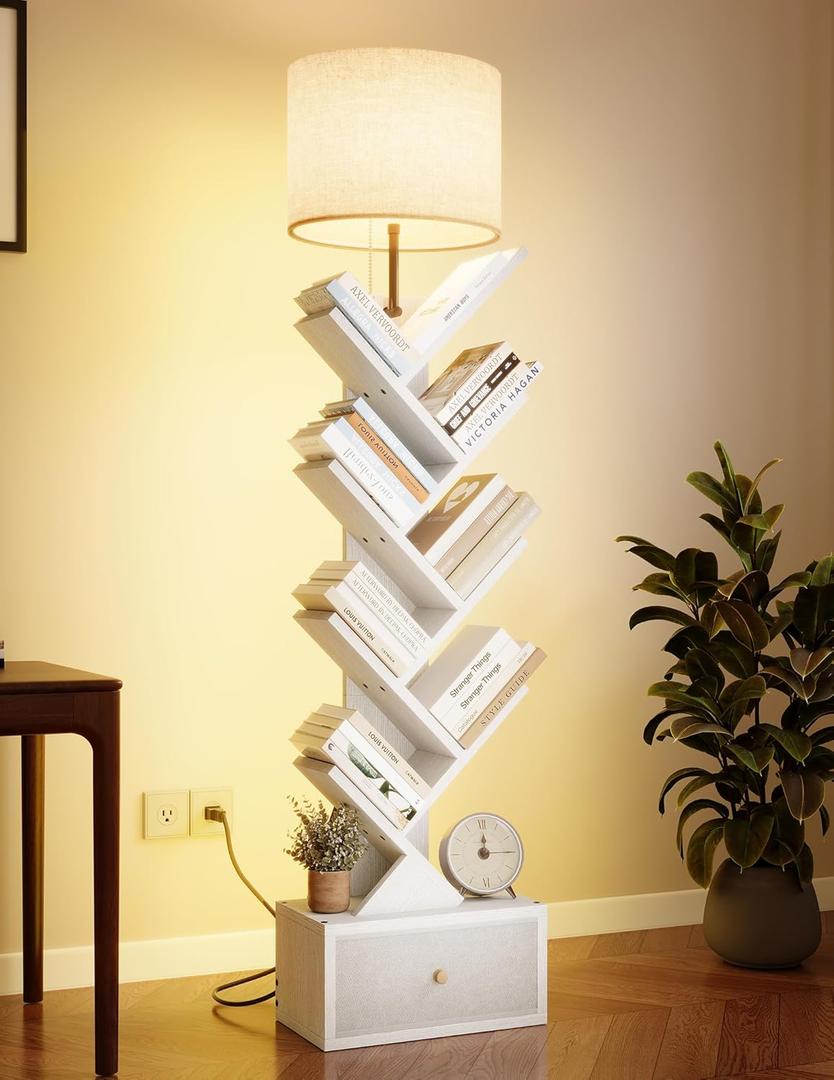 9 Tier Tree Bookshelf with Light and Drawer, Floor Standing Bookshelf Storage Organizer for Books/CDs, 9 Shelf Small Bookcase for Bedroom, Living Room, White