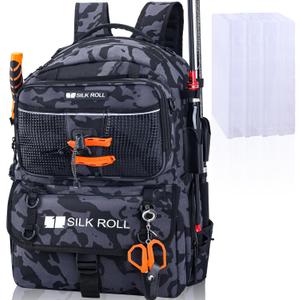 50L Fishing Tackle Backpack with Rod Holder and 4 Included 3600 Tackle Boxes - Waterproof Fishing Backpack for Ultimate Gear Organization and Storage (Black Camo)