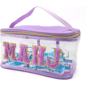 Transparent Empty Mahjong Bag, Waterproof Handheld Mahjong Tile Clear Carrier Storage Bag with Zipper & Chenille Alphabet Pattern Design Accessories Supplies for Game Lovers (Purple)