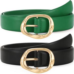 TRIWORKS 2 Pack Leather Belts for Women Fashion Waist Belt with Liquid Shapes Women Belt for Jeans Pants Dresses (Green)