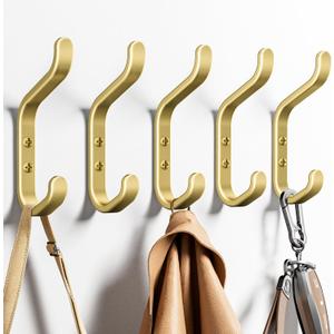 Wall Hook for Hanging Coats - Stainless Coat Hook 5 Pack Wall Mount for Backpack, Bag, Keys and Towel, Double Hook in Closet, Entryway, Door, Bathroom and Farmhouse, Hold Up to 22Lbs, Gold.